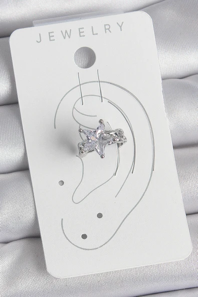 Pirinç Gümüş Renk Zirkon Taşlı Yıldız Model Kadın Kıkırdak Küpe - TJ-BKP10558 - Resim 2