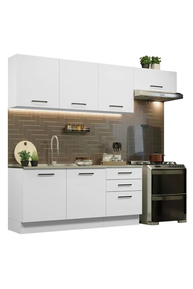 Tdesigno Arp Hazır Mutfak Dolabı-Çok Amaçlı Dolap 240 cm Beyaz Ve Beyaz Laminat Tezgah Dahil - 2