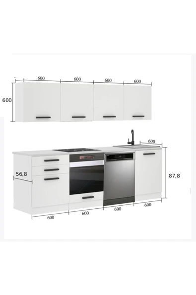 Tdesigno Lima Hazır Mutfak Dolabı 240 cm-Beyaz Laminat Tezgah Dahil-Bulaşık Makinesi Yeri Mevcut-Mat - Resim 2