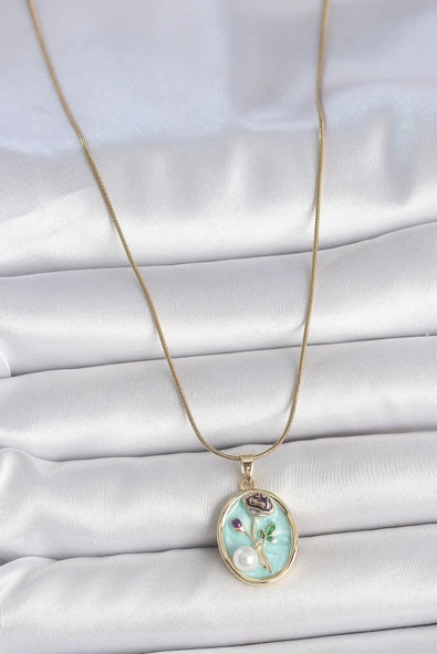 316L Çelik Gold Renk Zincir Mavi Çiçek İşlemeli İnci Detay Portre Model Kadın Kolye - TJ-BKO10076 - Resim 2