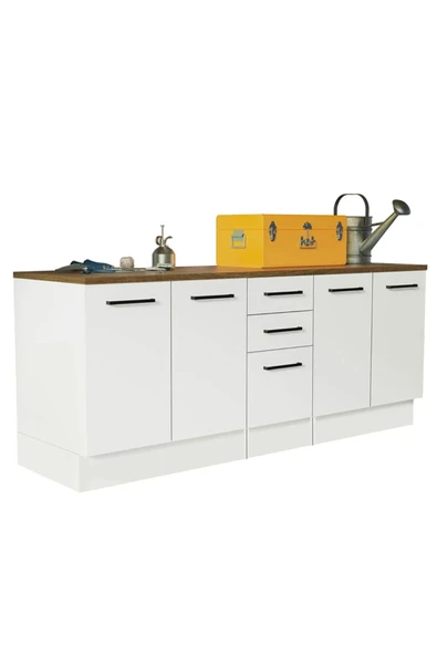 Tdesigno Vant Mutfak 4 Kapaklı-3 Çekmeceli Alt Modül -200 cm - Çok Amaçlı Dolap -Beyaz-Tezgah Dahil - Resim 2