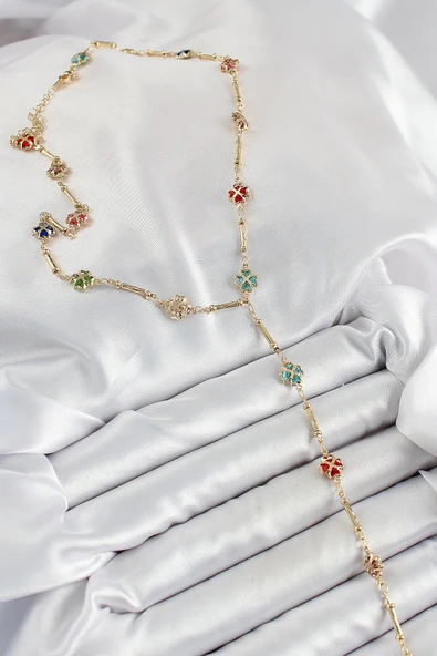 Pirinç Asorti Kalpli Yonca Model Gold Renk Zirkon Taşlı Y Kolye - TJ-BKO10255 - Resim 2