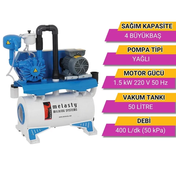 Melasty Süt Sağım Sistemi Vakum Pompa Seti (220V-50Hz-1,5kW) (400 L/dk - Yağlı) - Resim 2