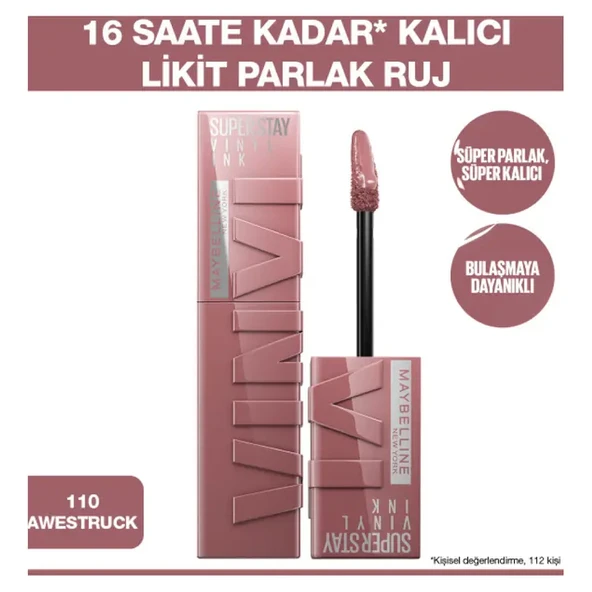 Maybelline New York Super Stay Vinyl Ink Uzun Süre Kalıcı Likit Parlak Ruj - 110 Awestruck - Resim 2