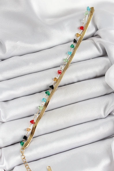 316L Çelik Gold Renk Kristal Karışık Renkli Taşlı 2'li Kadın Bileklik - TJ-BB7092 ürün görseli 1