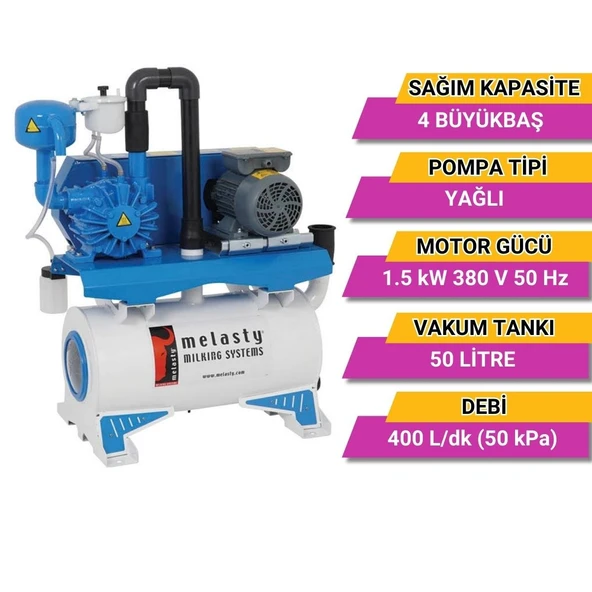 Melasty Süt Sağım Sistemi Vakum Pompa Seti (380V-50Hz-1,5kW) (400 L/dk - Yağlı) - Resim 2
