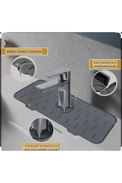 Aveo 1 Adet Gri / Sarı Renk Mutfak Banyo Lavabo Kenarı Silikon Matı Silikon Musluk Su Sıçrama Önleme, Batarya Musluk Matı Mutfak Deterjanlık ürün görseli 1