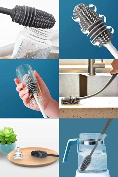 2'li Set Biberon Termos Suluk Sürahi Cam Şişe Bardak Kavanoz Yıkama Ve Temizleme Fırçası Tpr Silikon - 6