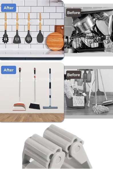 4 Adet Yapışkanlı Pratik Mop Temizlik Fırçası Tutucu Şemsiye Tutucu Fırça Kepçe Tutucu - Resim 3
