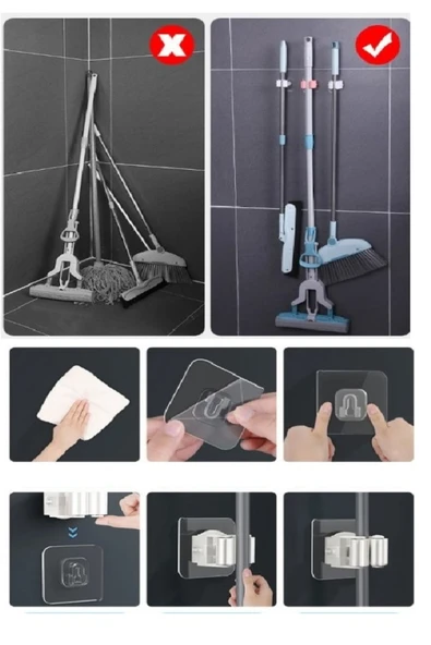 4 Lü Kelebek Yapışkanlı Mop Fırça Çekpas Sap Tutucu Organizer Banyo Düzenleyici - Resim 5