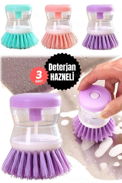3 Adet Pratik Sabunluklu Bulaşık Fırçası - Ev ve Kamp Kullanımı İçin Sıvı Deterjan Hazneli Temizlik ürün görseli 1