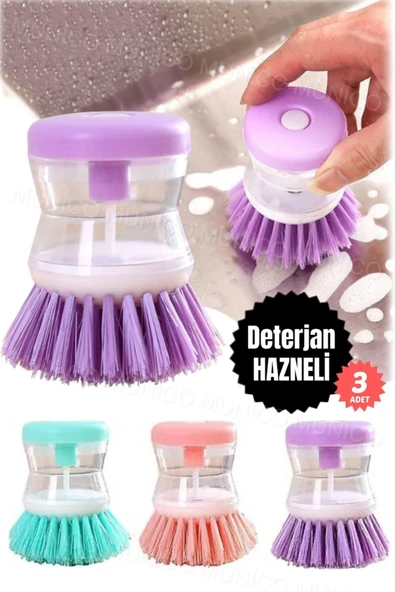 3 Adet Pratik Sabunluklu Bulaşık Fırçası - Ev ve Kamp Kullanımı İçin Sıvı Deterjan Hazneli Temizlik - Resim 2