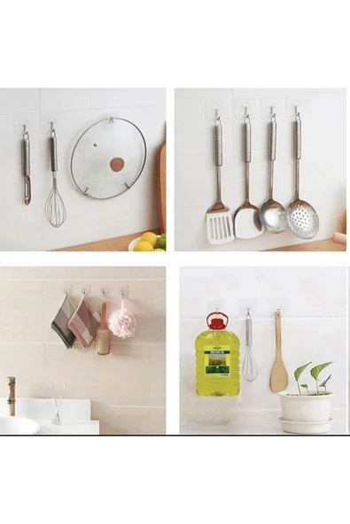 10 Adet 6x6cm Kendinden Yapışkanlı Şeffaf Güçlü Askı Kapı Duvar Askıları Ağır Yük Taşıma Askısı - Resim 4