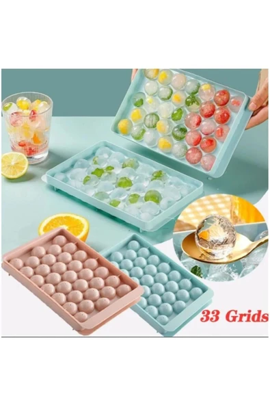 Büyük Boy 33 Gözlü Yuvarlak Kapaklı Buz Topu Yapma Kalıbı Pratik Hazneli Kapaklı Buzluk ürün görseli 1