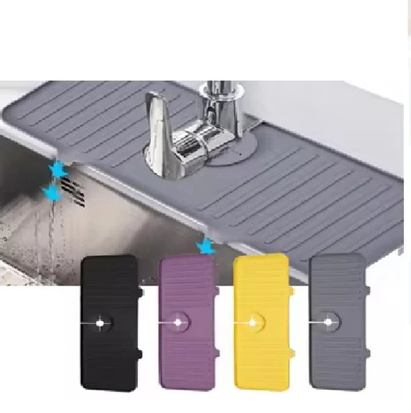 Aveo 1 Adet Gri / Sarı Renk Mutfak Banyo Lavabo Kenarı Silikon Matı Silikon Musluk Su Sıçrama Önleme, Batarya Musluk Matı Mutfak Deterjanlık - Resim 2