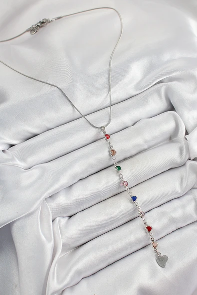 Pirinç Gümüş Renk Karışık Renk Zirkon Taşlı Kalpli Y Kadın Kolye - TJ-BKO10338 - Resim 2