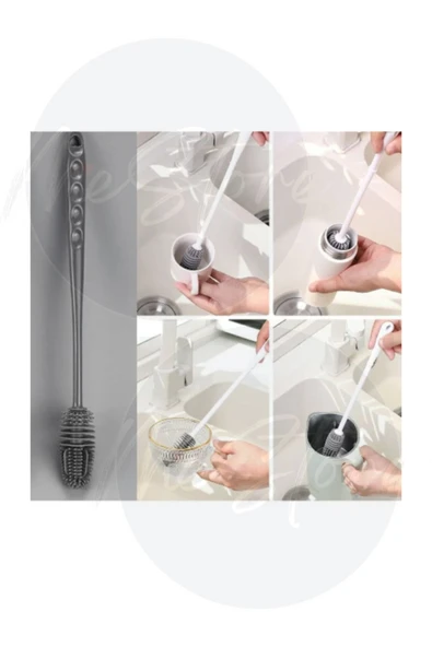 Biberon Kavanoz Yağlık Temizleme Fırçası Silikon Süt Şişe Yıkama Fırça Döner Fonksiyonlu Uzun Saplı - 2