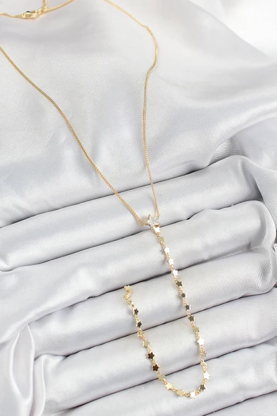 Pirinç Zirkon Taşlı Yıldız Figürlü Y Model Gold Renk Kadın Kolye - TJ-BKO10310 - Resim 2