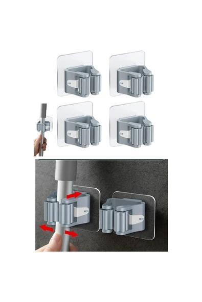 3 Lü Renkli Yapışkanlı Mop Fırça Çek pas Sap Tutucu Organizer Mutfak Banyo Düzenleyici - Resim 2