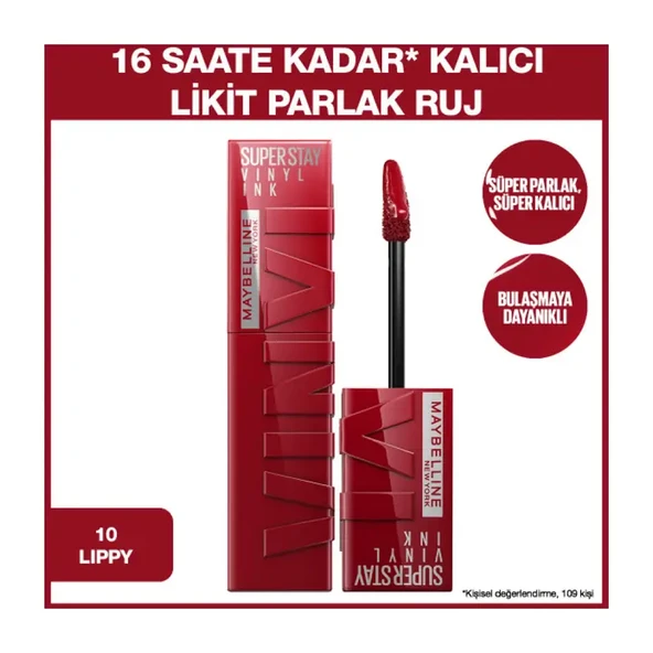 Maybelline New York Super Stay Vinyl Ink Uzun Süre Kalıcı Likit Parlak Ruj - 10 Lippy - 2
