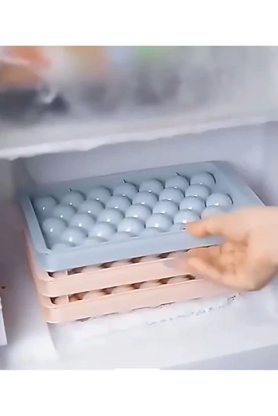 Büyük Boy 33 Gözlü Yuvarlak Kapaklı Buz Topu Yapma Kalıbı Pratik Hazneli Kapaklı Buzluk - Resim 2