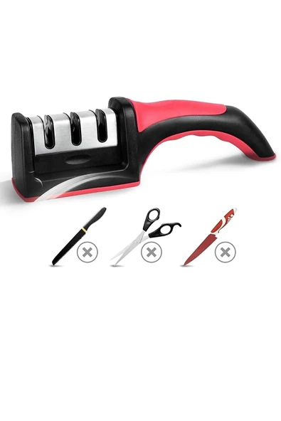 3 Aşamalı Bıçak Bileme Keskinleme Aparatı Bileyici Kırmızı - Resim 6