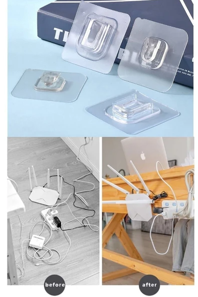 Çift Taraflı Yapışkanlı Geçmeli Klips 10 Adet Eşya Sabitleme Askısı Şeffaf Duvar Kancası ürün görseli 1