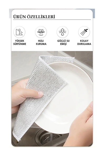 Main Shop 5 Adet Tel Bulaşık Bezi Çizmez Bulaşık Teli Çelik Bez 20x20 Cm Çift Katmanlı M-602 - Resim 4