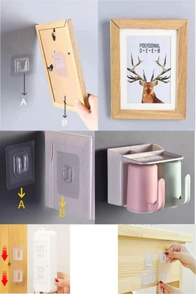 Çift Taraflı Yapışkanlı Geçmeli Klips 10 Adet Eşya Sabitleme Askısı Şeffaf Duvar Kancası - Resim 4