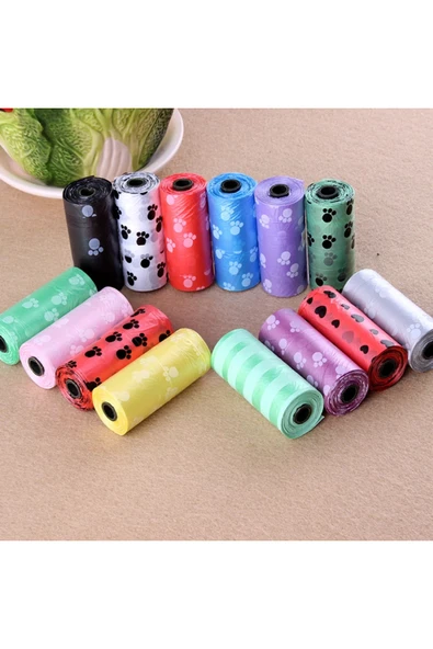 Evcil Hayvanlar Için Pati Desenli Kedi Köpek Kaka Poşeti Torbası | 4 Adet Toplam 60 Adet ürün görseli 1