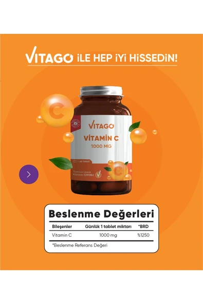 VİTAGO Premium Vitamin C 1000 MG İçeren Tablet 60'lı - Resim 2
