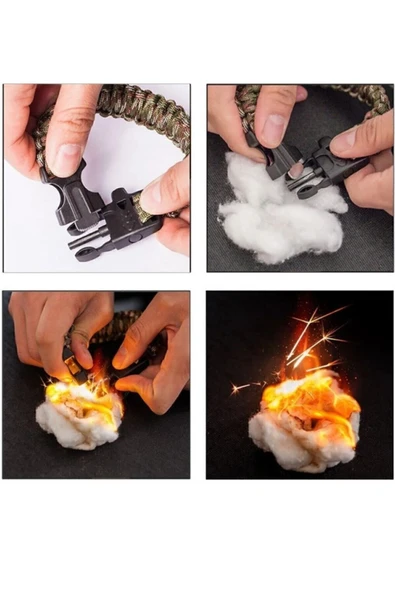 Çok Amaçlı Pusulalı Bıçaklı Düdüklü Çakmaklı Kamp Survival Bilekliği Doğal Kamp Orman Bilekliği - Resim 2