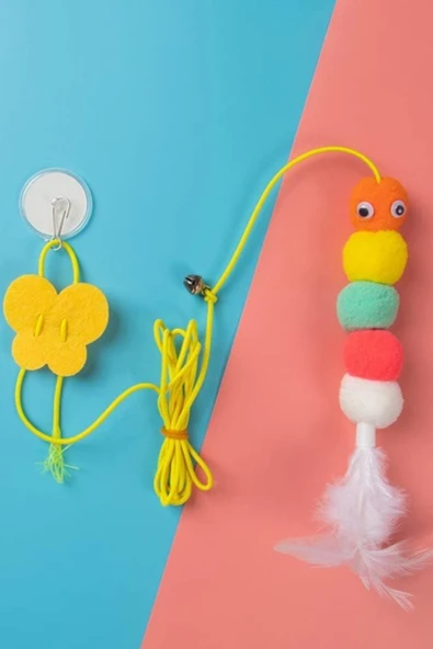 Elastik Solucan Model Kendinden Yapışkanlı Çanlı Kedi Oyuncağı Kedi Oltası - Resim 4