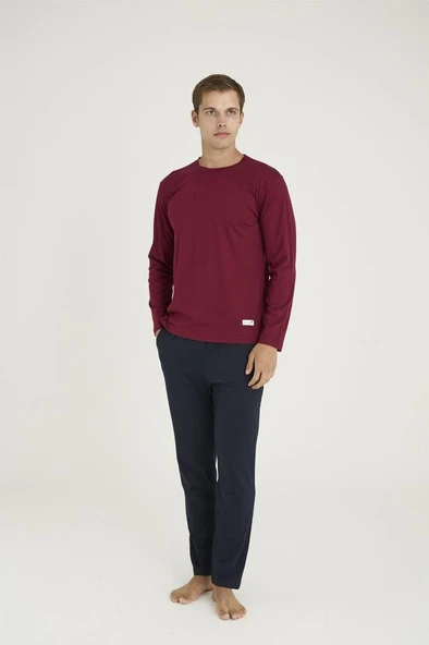 Battal Kly Sıfır Yaka Uzun Kol Büyük Beden Erkek Pijama Takım - Resim 3