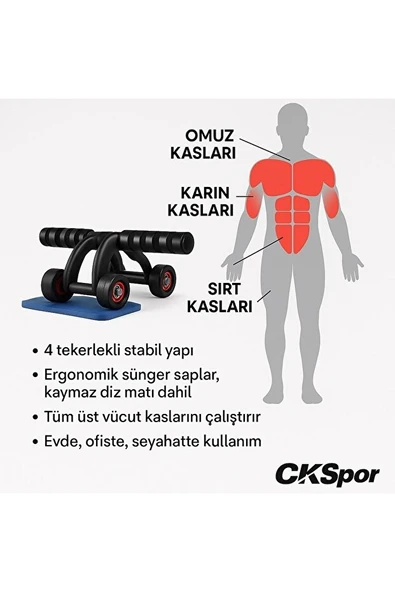 4 Tekerlekli Mekik Aleti – Karın Kası Çalıştırma & Evde Spor Ekipmanı - 2