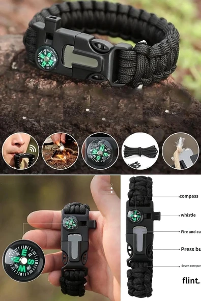 Survival Pusulalı Hayatta Kalma Bilekliği Kamp Bileklik Düdük Çok Amaçlı Outdoor Aksesuar Kit Askeri - Resim 3