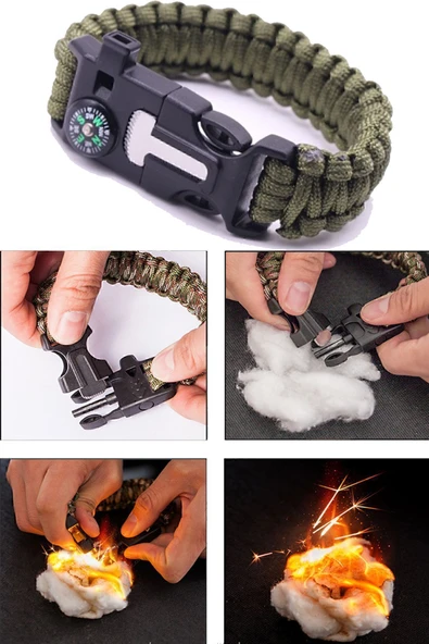Survival Pusulalı Hayatta Kalma Bilekliği Kamp Bileklik Düdük Çok Amaçlı Outdoor Aksesuar Kit Askeri ürün görseli 1