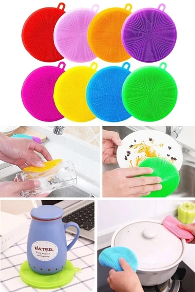 Silikon Yuvarlak Bulaşık Yıkama Fırçası Çok Amaçlı Silikon Fırça Tükenmeyen 2li - Resim 4