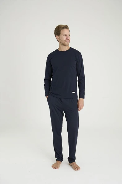 Battal Kly Sıfır Yaka Uzun Kol Büyük Beden Erkek Pijama Takım - Resim 4