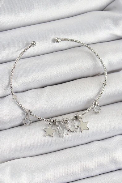 Pirinç Zirkon Taşlı Kelebek Ve Yıldız Model Gümüş Renk Charm Bileklik - TJ-BB7345 ürün görseli 1