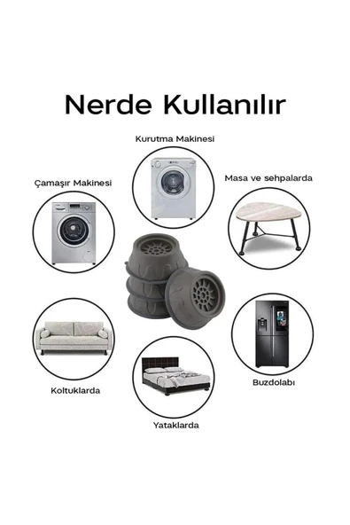 Şık Gri Titreşim Önleyici Kauçuk Pedler - Çamaşır Makinesi İçin 4'lü Set Kaymaz Ayaklık Sert - 4