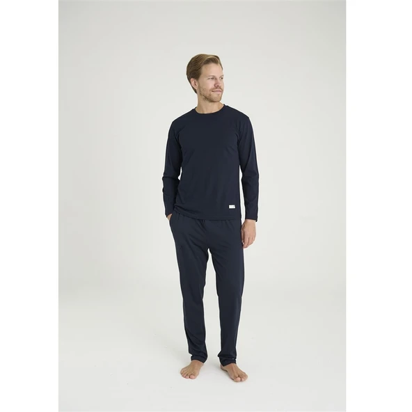 Battal Kly Sıfır Yaka Uzun Kol Büyük Beden Erkek Pijama Takım - Resim 2