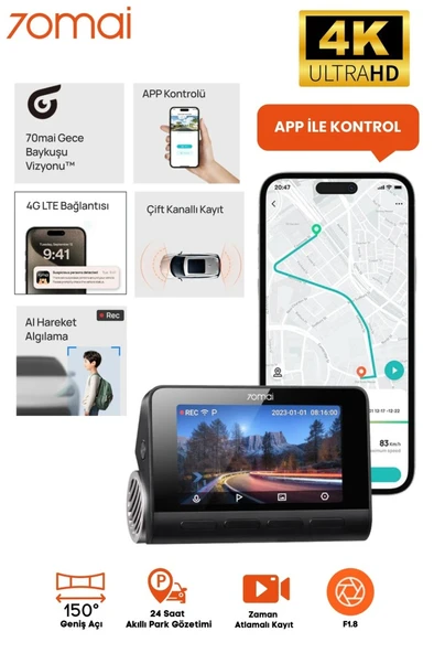 70mai A810 Araç içi Kamera 4K, HDR, Gece Görüşü, Hareket Algılama