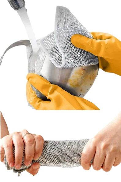 Telli Bulaşık Bezi Ovma Teli Pratik Çizmez Bulaşık Süngeri Inox Temizleyici Çok Amaçlı Bez 3x Gümüş - Resim 5