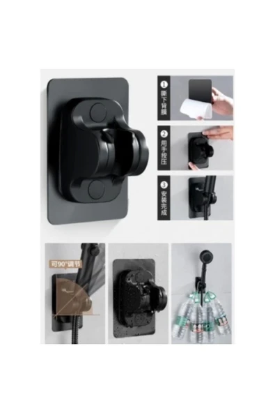 Yapışkanlı Duş Başlığı Tutucu Ayarlı Siyah Renk - Resim 3