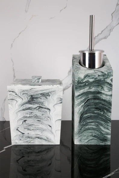 4 Parça Mermer Desenli Beton Banyo Seti Tuvalet Fırçalığı Çöp Kovası - Resim 3