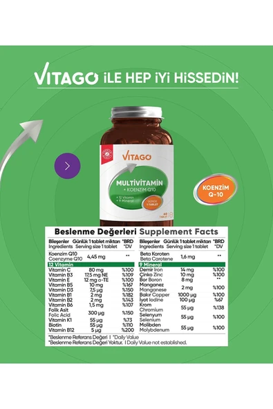 VİTAGO Multivitamin Koenzim Q-10 Tablet Takviye Edici Gıda - Resim 3