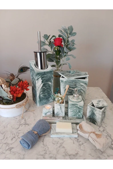 11 Parça Mermer Desenli Beton Banyo Seti Katı Sıvı Sabunluk Diş Fırçalık Pamukluk Mumluk Tepsi ürün görseli 1