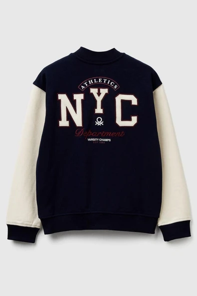 United Colors of Benetton Erkek Çocuk  32N4C505F-25K Bomber Sweatshirt Kolej Ceket Lacivert - Resim 2