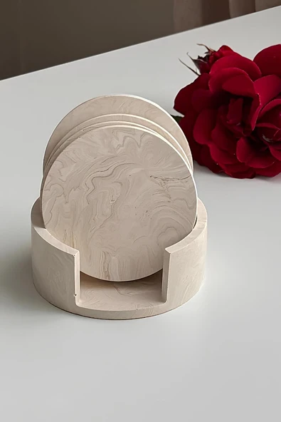 Mermer Desenli 4’lü Beton Bardak Altlığı & Stand | Minimalist Dekoratif Set - 3